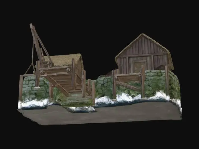 3D model for A rugged medieval bay, rendered in a gritty, realistic style, features turbulent, dark grey waters. The functional docks are built from heavy, unvarnished pine timbers, showing signs of severe weathering and splintering. Rough-hewn stone seawalls, mottled with damp moss, rise around the bay. Simple, robust wooden structures and a large, utilitarian cargo crane dominate the scene, reflecting a practical, less ornate construction.