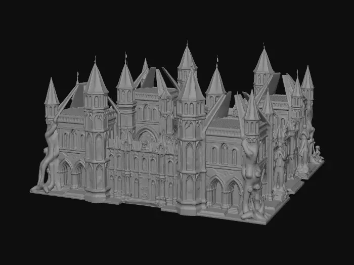 3D model for Stately, ancient stone buildings form a grand campus, their imposing facades adorned with intricate arcane carvings. Soaring towers, capped with patinated copper, reach skyward, while immense, ornate wooden doors invite entry. A central, verdant quadrangle, paved with smooth flagstones, is framed by these structures and shaded by colossal, whispering oak trees with gnarled, textured bark, providing a serene space for magical scholarship and relaxation.