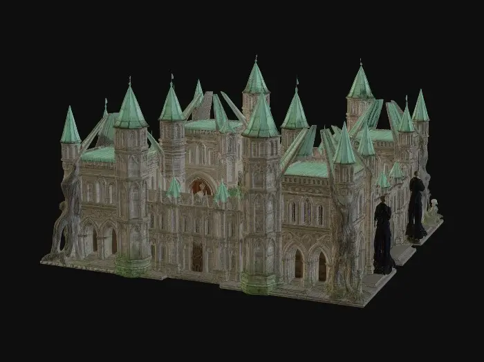 3D model for Stately, ancient stone buildings form a grand campus, their imposing facades adorned with intricate arcane carvings. Soaring towers, capped with patinated copper, reach skyward, while immense, ornate wooden doors invite entry. A central, verdant quadrangle, paved with smooth flagstones, is framed by these structures and shaded by colossal, whispering oak trees with gnarled, textured bark, providing a serene space for magical scholarship and relaxation.