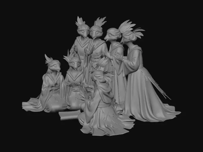 3D model for On the wizard university quad, a flock of female students of avian descent gather. Their graceful forms are adorned with shimmering plumage in diverse jewel tones, complemented by flowing robes of fine, textured silk in academic hues. Delicate, elegant feathered features frame their intelligent faces. They huddle intently on smooth flagstones beneath ancient oak trees, animatedly discussing the reptilian students and their upcoming meeting, their bright, bird-like eyes keenly focused.