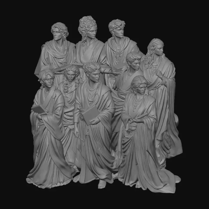 3D model for A diverse group of young scholars, each embodying youthful intelligence. Their forms are draped in richly colored, flowing robes of varied materials like smooth silk and textured linen, suggesting diverse origins. Hues range from deep crimson to soft sky blue. Their varied facial structures, skin tones from light to dark, and distinct hair textures subtly convey a multitude of races and backgrounds, unified by scholarly attire. The robes feature subtle folds and drapes, indicating a sense of movement.