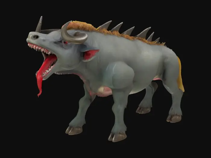 3D model for fantasy-like carabao, large shark mouth drooling, spikes on back, fluffy and furry, strong legs