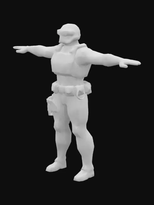 3D model for Eyecorp is a secretive, underground corporation focused on producing specialized materials and conducting dangerous experiments. They use prisoners or unknowing individuals, creating mutants and superhumans for world domination. Operating in the shadows, Eyecorp's facilities are high-tech and secure, but internal rebellions, dangerous creations, and ethical dilemmas threaten its stability and control. generate a model of an Eyecorp guard