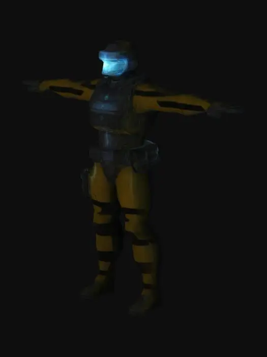 3D model for Eyecorp is a secretive, underground corporation focused on producing specialized materials and conducting dangerous experiments. They use prisoners or unknowing individuals, creating mutants and superhumans for world domination. Operating in the shadows, Eyecorp's facilities are high-tech and secure, but internal rebellions, dangerous creations, and ethical dilemmas threaten its stability and control. generate a model of an Eyecorp guard