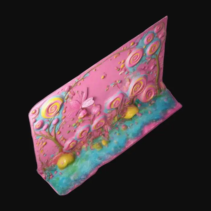 3D model for Create a 3D model of a 5x5 meter fairy panel in a cartoon style:

The surface of the panel is flat, bright pink, with a slight sheen, like sugar glaze.
Place fairy candies on the edges of the panel instead of trees.
The candies should be large, multicolored (pink, blue, yellow, green), in the form of lollipops on sticks, caramel spirals, and chocolate truffles with sprinkles.
It should look like a magical cartoon world, with slightly rounded shapes and bright, saturated colors.