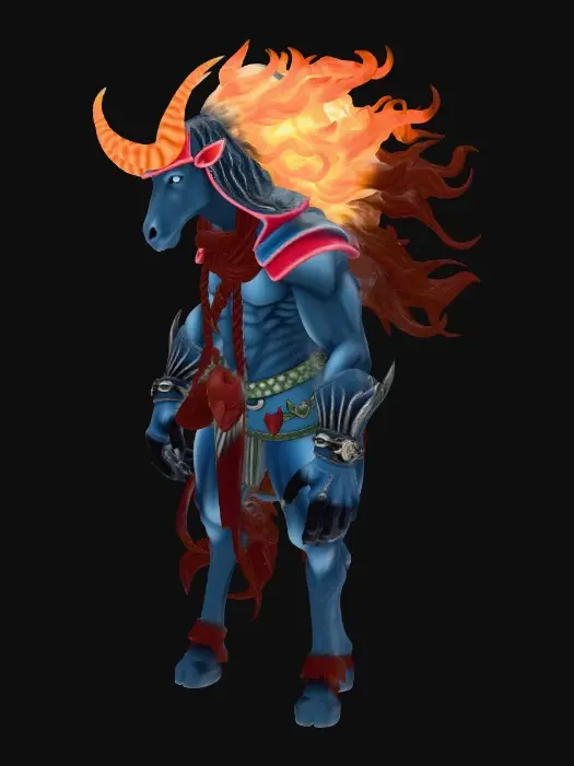 3D model for create a firey hooded centaur with golden horns, huge muscular build with obsidian gauntlets and mystic blue eyes and long braided hair