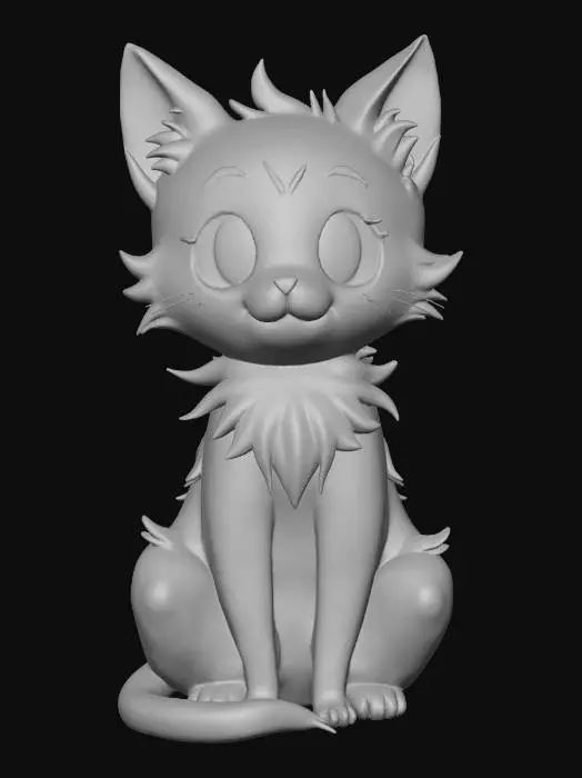 3D model for Un modèle 3D d'un chat noir mignon de style anime, assis de face, avec une expression adorable et de grands yeux expressifs. Son pelage est d'un noir profond et moelleux, avec des contours nets. Les yeux sont d'un bleu électrique éclatant, avec des reflets blancs et des iris complexes. Ses oreilles sont pointues avec l'intérieur gris clair. Le modèle présente un éclairage doux et des textures stylisées, renforçant son allure de dessin animé.