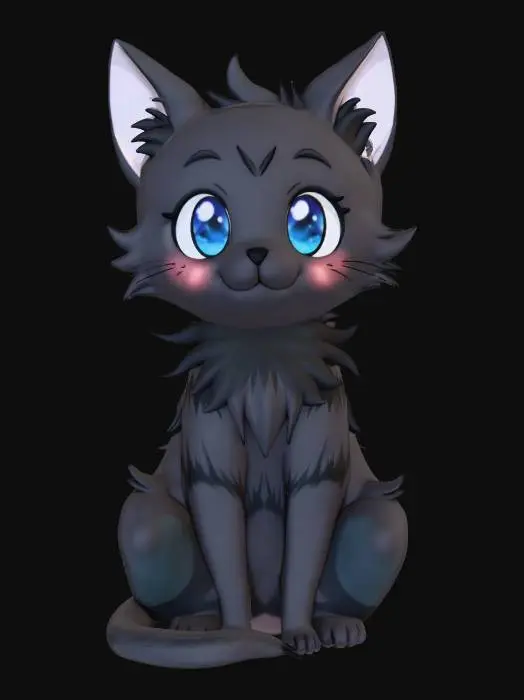 3D model for Un modèle 3D d'un chat noir mignon de style anime, assis de face, avec une expression adorable et de grands yeux expressifs. Son pelage est d'un noir profond et moelleux, avec des contours nets. Les yeux sont d'un bleu électrique éclatant, avec des reflets blancs et des iris complexes. Ses oreilles sont pointues avec l'intérieur gris clair. Le modèle présente un éclairage doux et des textures stylisées, renforçant son allure de dessin animé.