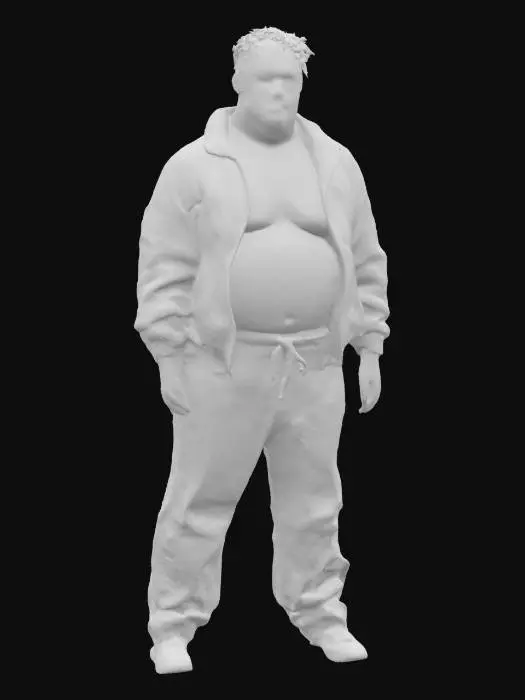 3D model for A-pose of 41-year-old man with a stubborn and goofy expression, short messy blond hair, slight stubble, and wearing a dirty white tracksuit with brown stains and open zipper, beer belly slightly visible. He is wearing worn-out sneakers and standing proudly. His face looks oddly confident, like he believes he is a master martial art. Stylized semi-realistic character design, front-facing, game-ready, full-body.