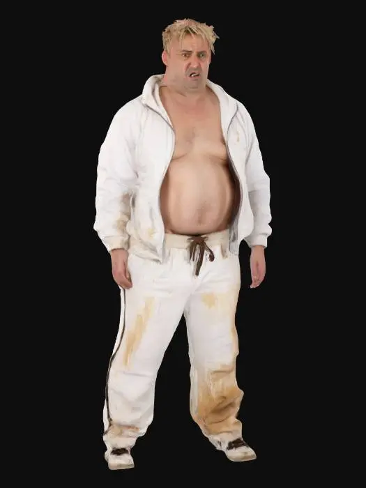 3D model for A-pose of 41-year-old man with a stubborn and goofy expression, short messy blond hair, slight stubble, and wearing a dirty white tracksuit with brown stains and open zipper, beer belly slightly visible. He is wearing worn-out sneakers and standing proudly. His face looks oddly confident, like he believes he is a master martial art. Stylized semi-realistic character design, front-facing, game-ready, full-body.