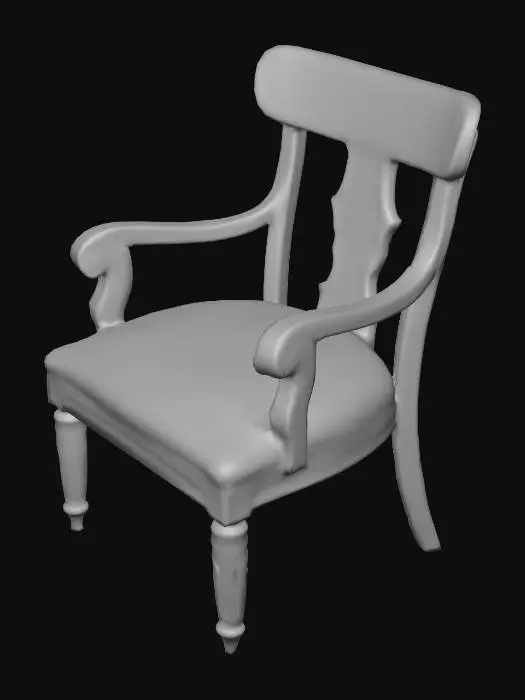 3D model for A vintage / neoclassical wooden armchair with a continuous curved backrest and scroll-shaped arms. Dark brown solid wood frame with natural wear and visible grain. The seat is olive-green aged leather trimmed with bronze nailheads. Front legs are turned and fluted; rear legs slightly splayed. Hyper-realistic materials and details, soft directional lighting, seamless dark gray/black background, single product shot, sharp focus, 8K.