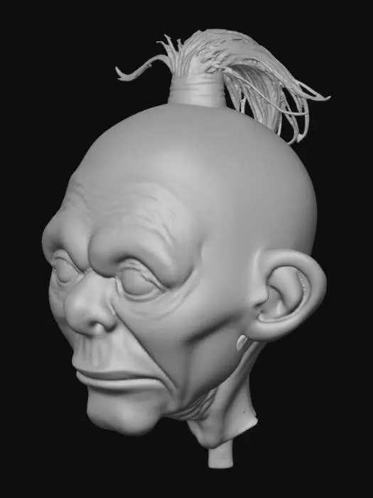 3D model for #Halloween2025#,  shrunken head with lips sewn shut, all hair is pulled up and back in ponytail