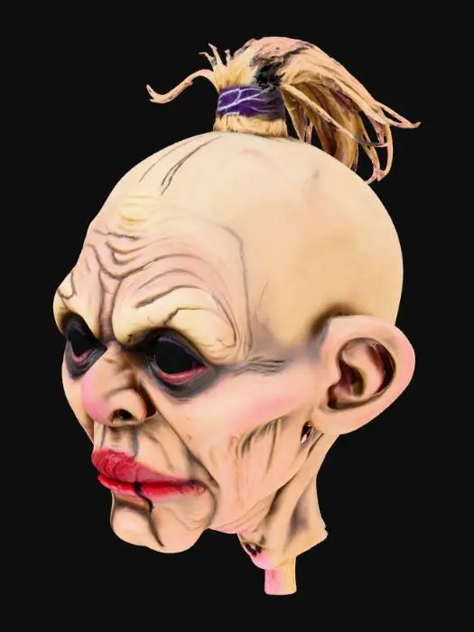 3D model for #Halloween2025#,  shrunken head with lips sewn shut, all hair is pulled up and back in ponytail