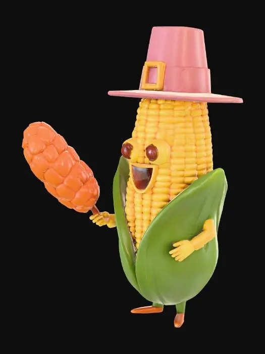 3D model for #Thanksgiving# ear of corn standing with arms and legs holding a smoked turkey drumstick humorous