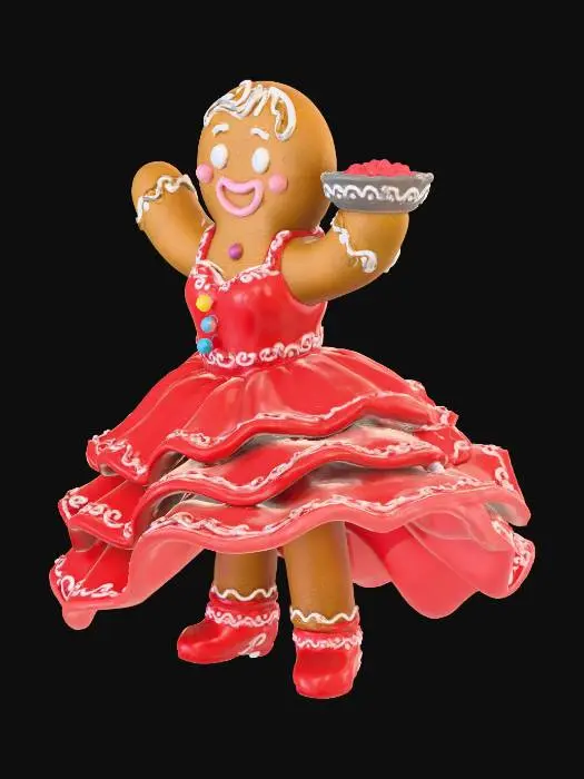 3D model for Christmas, spicy gingersnap, female gingerbread man with red salsa dress