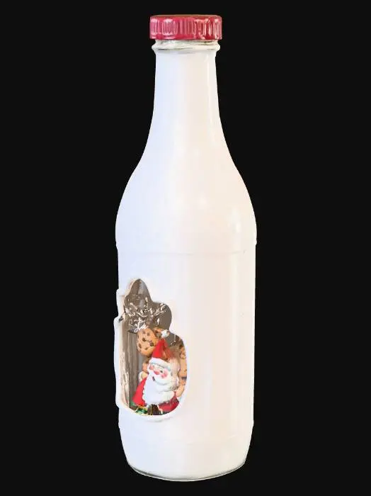 3D model for Vintage milk bottle, the lower part of the bottom has a caved in area for cookies to sit in, it has a label that says Milk and Cookies for Santa