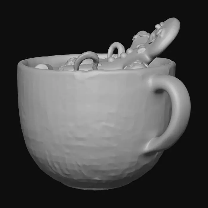 3D model for Christmas, gingerbread man lounging in cup of hot cocoa with floating marshmallows