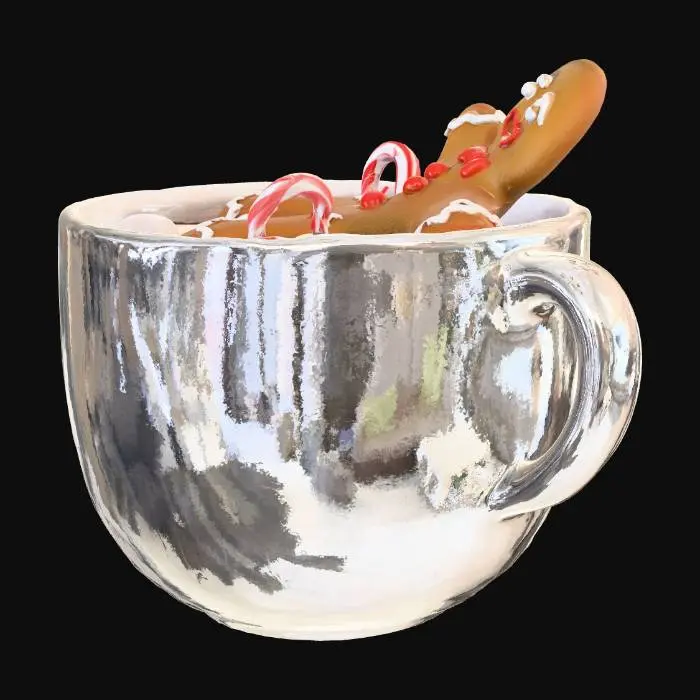 3D model for Christmas, gingerbread man lounging in cup of hot cocoa with floating marshmallows