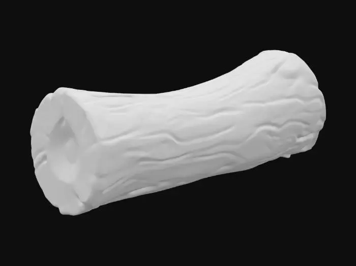 3D model for A weathered, fallen coconut tree trunk resting on the ground, appearing naturally aged with rough, textured bark. The cut end reveals dry, fibrous wood, slightly cracked. Its surface is smooth enough to sit on, with a few patches of moss and dirt adding realism. The surroundings include scattered dried leaves and small plants growing nearby, enhancing the tropical island vibe.