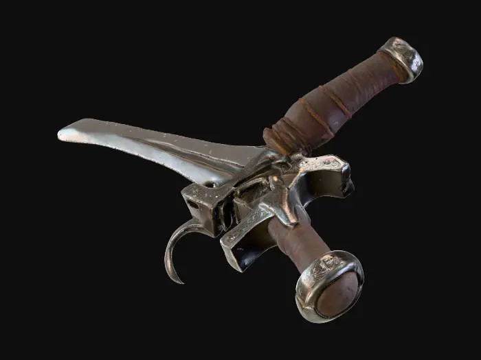 3D model for Create a realistic, high-detail 3D model of a medieval longsword. The blade should be polished steel with slight edge wear, fine scratches, and a fuller running down the center. Add a crossguard with a weathered iron texture, a wrapped leather grip with visible stitching, and a rounded pommel with engraved symbols. Include realistic metal reflections, roughness variation, and subtle dirt in crevices. Ensure proper proportions, detailed textures, and clean topology for use in real-time rendering or animation.