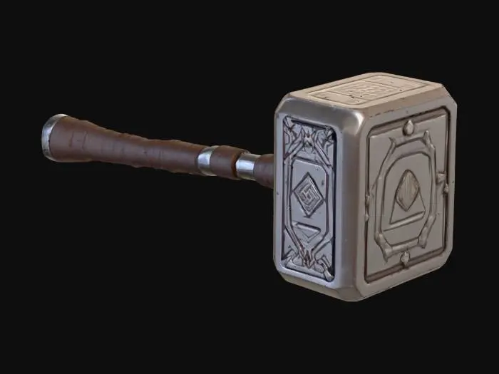 3D model for Generate a realistic 3D model of Thor’s hammer (Mjölnir), inspired by the Marvel Cinematic Universe. The hammer head should be large, rectangular, made of metallic Uru with a brushed steel texture, clean beveled edges, and glowing Norse rune engravings. The handle should be wrapped in dark brown leather with a spiraled pattern and chrome silver rings, ending in a detailed pommel with an engraved cap and leather loop. Add realistic lighting, scratches, scuffs, and subtle weathering. Use accurate proportions and clean topology for cinematic rendering.