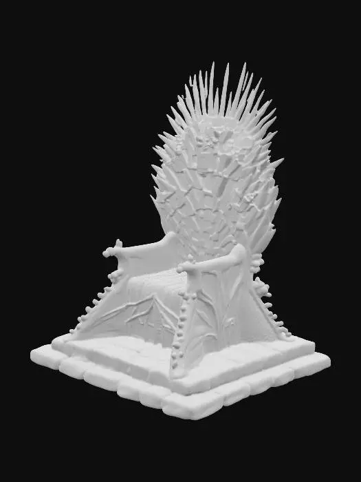 3D model for Create a highly detailed, realistic 3D model of a Game of Thrones–inspired iron throne, mounted on a sturdy stone base. The throne should be forged from hundreds of jagged swords welded together, with twisted blades, crossguards, and pommels visible in the structure. Metal should have a worn, dark steel texture with scratches, rust, and burn marks. The base should be carved stone with medieval patterns, cracks, and moss in crevices. Add shadows between the blades, realistic lighting, and small imperfections for authenticity. Ensure accurate proportions, clean topology, and cinematic quality suitable for close-up renders.