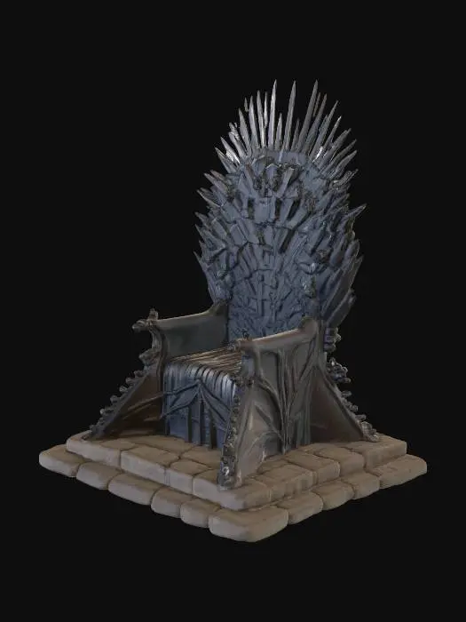 3D model for Create a highly detailed, realistic 3D model of a Game of Thrones–inspired iron throne, mounted on a sturdy stone base. The throne should be forged from hundreds of jagged swords welded together, with twisted blades, crossguards, and pommels visible in the structure. Metal should have a worn, dark steel texture with scratches, rust, and burn marks. The base should be carved stone with medieval patterns, cracks, and moss in crevices. Add shadows between the blades, realistic lighting, and small imperfections for authenticity. Ensure accurate proportions, clean topology, and cinematic quality suitable for close-up renders.
