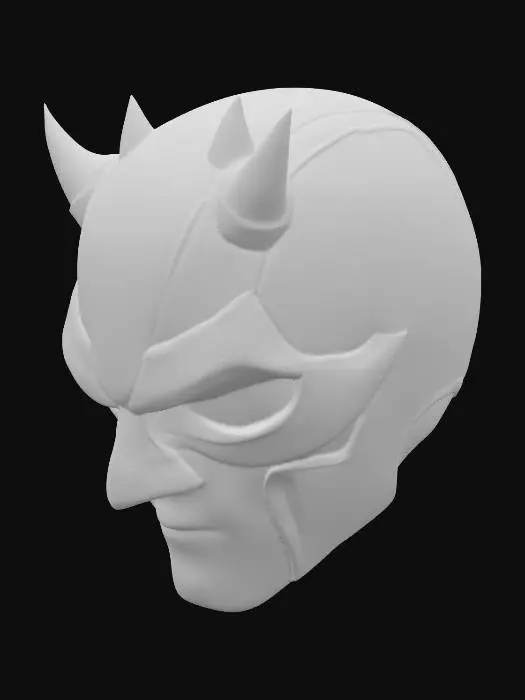 3D model for Create a highly detailed, realistic 3D model of the Daredevil mask inspired by the Marvel TV series. The mask should have a snug, contoured fit over the face with sharply defined cheek lines and angular brow ridges, giving an intense, intimidating look. Include the iconic short devil horns, subtly integrated into the forehead with realistic texture and shadowing. The material should be high-quality dark crimson leather with a semi-matte finish, showing natural grain, stitching seams, and slight wear for authenticity. Add light creases where the mask bends around facial curves and faint scuff marks from combat. The eye openings should have fine black mesh for concealment. Lighting should be dramatic to emphasize texture depth and material realism.