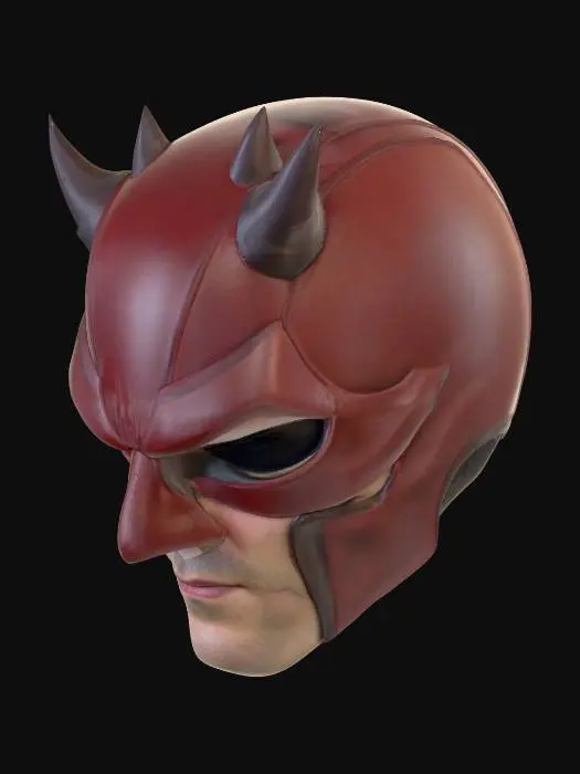 3D model for Create a highly detailed, realistic 3D model of the Daredevil mask inspired by the Marvel TV series. The mask should have a snug, contoured fit over the face with sharply defined cheek lines and angular brow ridges, giving an intense, intimidating look. Include the iconic short devil horns, subtly integrated into the forehead with realistic texture and shadowing. The material should be high-quality dark crimson leather with a semi-matte finish, showing natural grain, stitching seams, and slight wear for authenticity. Add light creases where the mask bends around facial curves and faint scuff marks from combat. The eye openings should have fine black mesh for concealment. Lighting should be dramatic to emphasize texture depth and material realism.