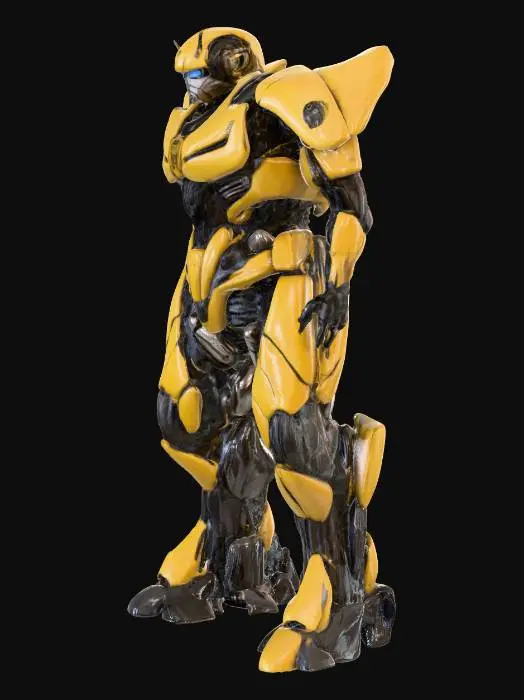 3D model for Realistic 3D model inspired by Bumblebee from Transformers, with vibrant yellow metallic armor and matte black panels. Layered interlocking plating with beveled edges, rivets, fine panel lines. Exposed pistons, gears, hydraulic tubes, and rotating joints. Weathered finish with scratches, chipped paint revealing silver metal, micro-dents, scorch marks, dirt in crevices. Angular head plating with glowing blue optic lenses, mechanical etchings, vents, LED lights, fiber-optic cables. Cinematic lighting to enhance metallic reflections, depth, and transformation-ready complexity.
