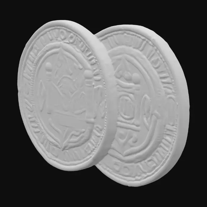 3D model for Ultra-realistic close-up render of a double-sided Braavosi coin from Game of Thrones, one side engraved with “Valar Morghulis” and the other with “Valar Dohaeris,” made of aged silver with light tarnish, worn edges, fine scratches, and deep engraved details, subtle patina in recesses, placed on dark textured leather, warm candlelight reflections, cinematic depth of field, high-resolution 8K photorealistic texture.