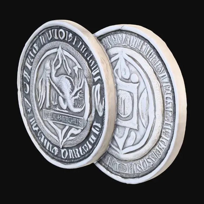 3D model for Ultra-realistic close-up render of a double-sided Braavosi coin from Game of Thrones, one side engraved with “Valar Morghulis” and the other with “Valar Dohaeris,” made of aged silver with light tarnish, worn edges, fine scratches, and deep engraved details, subtle patina in recesses, placed on dark textured leather, warm candlelight reflections, cinematic depth of field, high-resolution 8K photorealistic texture.
