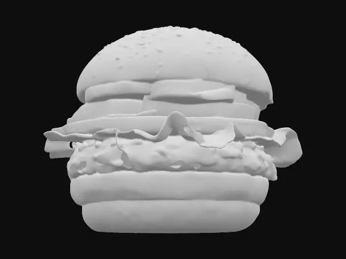 3D model for A hyper-realistic 4K render of a burger with a perfectly cooked, juicy beef patty. The scene uses PBR materials with ultra-detailed textures. The bun has realistic sesame seeds, soft bread pores, and slight browning. The patty shows a charred crust with glistening fat, rendered in lifelike 16K detail. Fresh lettuce, tomato slices, melted cheese, and pickles are stacked naturally, with realistic shadows and subsurface scattering on vegetables. The lighting emphasizes crisp details, depth, and photorealism. , #food#