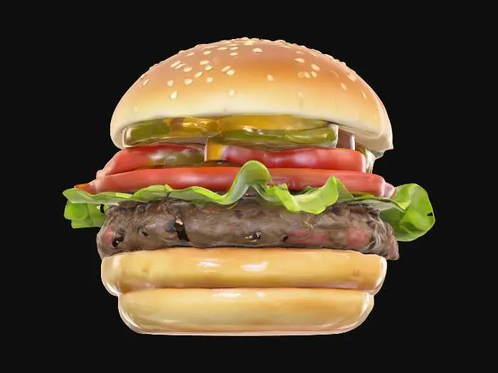 3D model for A hyper-realistic 4K render of a burger with a perfectly cooked, juicy beef patty. The scene uses PBR materials with ultra-detailed textures. The bun has realistic sesame seeds, soft bread pores, and slight browning. The patty shows a charred crust with glistening fat, rendered in lifelike 16K detail. Fresh lettuce, tomato slices, melted cheese, and pickles are stacked naturally, with realistic shadows and subsurface scattering on vegetables. The lighting emphasizes crisp details, depth, and photorealism. , #food#
