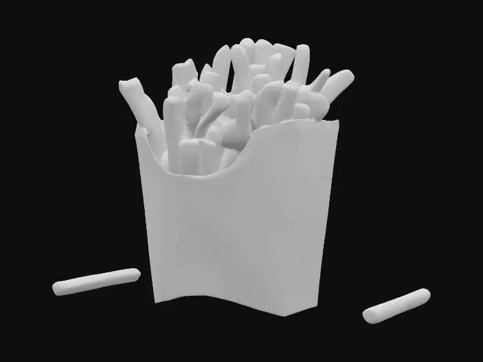3D model for A hyper-realistic 4K render of McDonald’s French fries in the iconic red carton with the golden arches logo. Uses PBR materials and ultra-detailed 16K textures. Each fry has natural crispness with golden edges, slight surface oil sheen, and realistic salt granules. The fries are stacked casually, with some leaning outward, showing natural variation in size and texture. The carton shows subtle paper fiber details and light creases, without any mesh artifacts. Lighting emphasizes warmth, depth, and photoreal realism., #food#