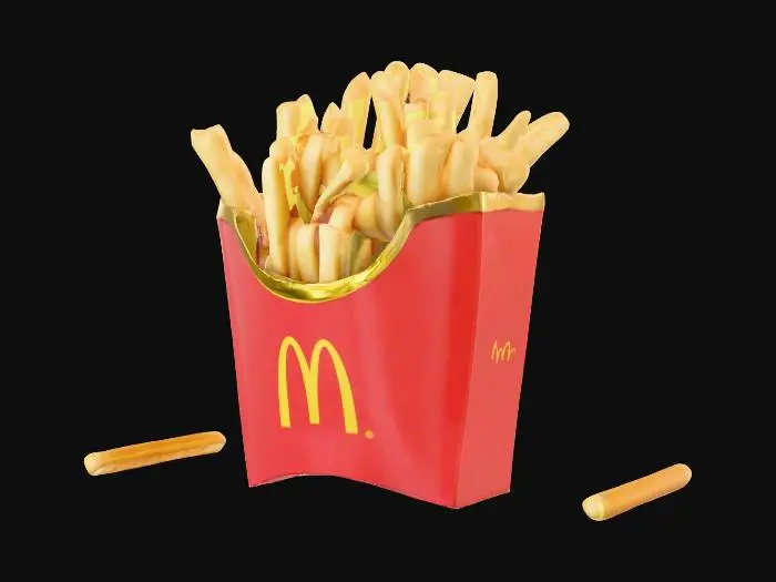 3D model for A hyper-realistic 4K render of McDonald’s French fries in the iconic red carton with the golden arches logo. Uses PBR materials and ultra-detailed 16K textures. Each fry has natural crispness with golden edges, slight surface oil sheen, and realistic salt granules. The fries are stacked casually, with some leaning outward, showing natural variation in size and texture. The carton shows subtle paper fiber details and light creases, without any mesh artifacts. Lighting emphasizes warmth, depth, and photoreal realism., #food#