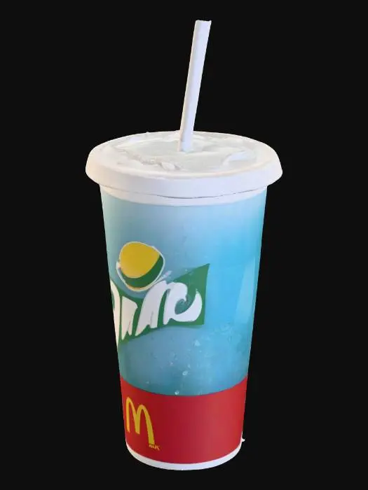 3D model for A hyper-realistic 4K render of a McDonald’s Sprite in a branded paper cup with a plastic lid and straw. Uses PBR materials and ultra-detailed 16K textures. The cup shows crisp McDonald’s logo printing, slight condensation, and realistic paper fiber detail without mesh artifacts. Beads of cold water form naturally on the outside, with ice cubes visible through the translucent lid. The drink’s liquid is crystal clear with fizzy carbonation bubbles rising, lit to emphasize realism, depth, and photoreal details., #food#