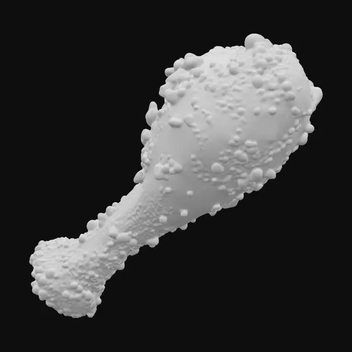 3D model for A hyper-realistic 4K render of a KFC fried chicken drumstick, positioned straight and upright. Uses PBR materials and ultra-detailed 16K textures. The golden-brown crispy coating shows natural crunch with uneven surface detail, tiny bubbles, and realistic flaking. Subtle oil sheen highlights the texture without looking artificial. The meat beneath appears juicy where visible, with slight contrast between crispy exterior and tender inside. Lighting emphasizes depth, warmth, and photoreal realism, with no mesh artifacts.