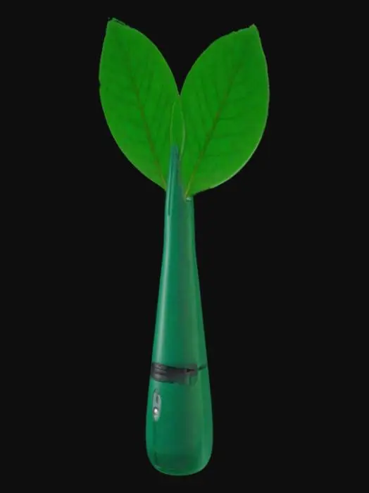 3D model for A sensor with two leaves on it , one small and other one big. It should have a broad and tappered end. The sensor should be in green colour