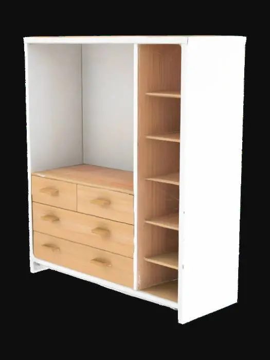 3D model for An inviting Scandinavian-style storage unit, exhibiting a gentle asymmetry. Its soft matte white frame complements the warm, light oak wood of the drawers and interior back panels, revealing subtle grain textures. The left side provides a welcoming open nook, three smooth-gliding drawers, and two broader lower drawers, all fitted with understated wooden handles. A tall, narrow bookshelf on the right offers four well-defined shelves, creating five adaptable compartments. Clean Topology.
