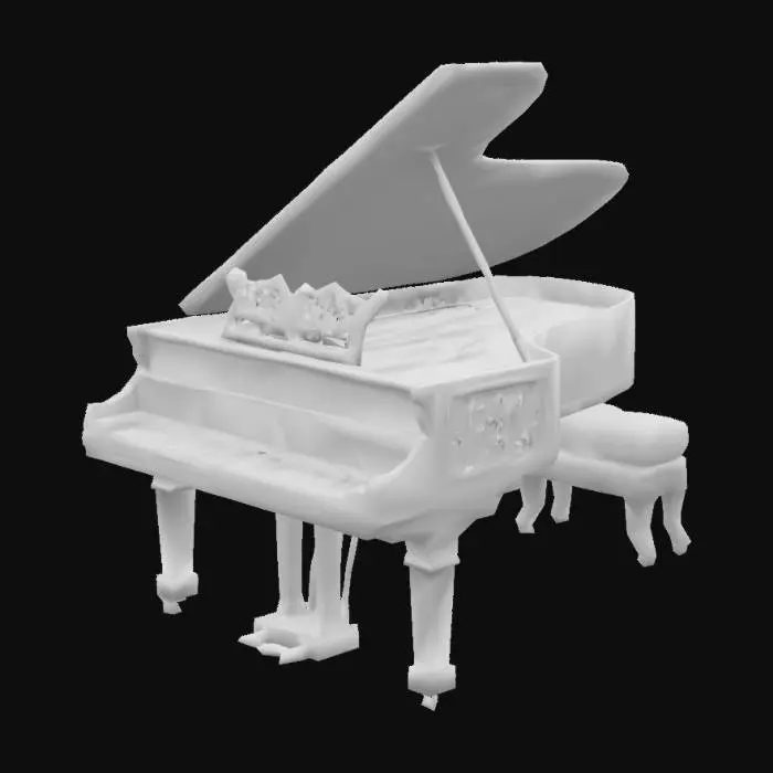 3D model for A photorealistic 3D model of a black grand piano with its top lid open. The interior of the open lid features an intricate, black, swirling filigree or lace-like decorative pattern instead of being solid.

On the music stand, there is an open sheet music book. The piano's interior is visible, showing a golden harp and strings. A small potted plant with lush green leaves, small red berries, and blue flowers sits on the corner of the piano.

Included is a matching piano bench with a cushioned, dark brown leather top and black legs. The style is classic with a unique artistic flair on the lid.