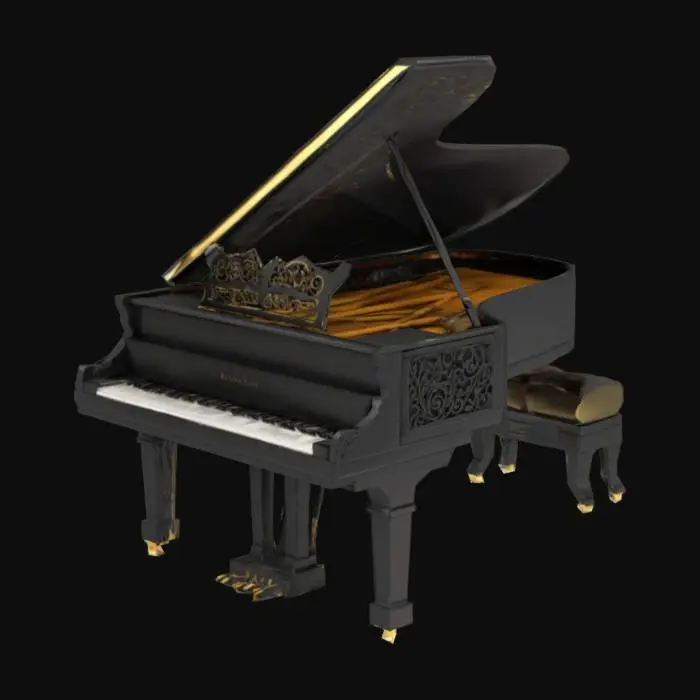 3D model for A photorealistic 3D model of a black grand piano with its top lid open. The interior of the open lid features an intricate, black, swirling filigree or lace-like decorative pattern instead of being solid.

On the music stand, there is an open sheet music book. The piano's interior is visible, showing a golden harp and strings. A small potted plant with lush green leaves, small red berries, and blue flowers sits on the corner of the piano.

Included is a matching piano bench with a cushioned, dark brown leather top and black legs. The style is classic with a unique artistic flair on the lid.