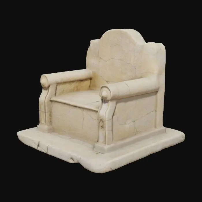 3D model for Старый, разрушенный римский трон, высеченный из потертого мрамора, демонстрирует признаки глубокого ветхости. Его массивные, когда-то гладкие поверхности теперь шероховатые и исцарапанные, с глубокими трещинами, проходящими через спинку и подлокотники. Цвет камня варьируется от тусклого бежевого до серого, местами покрытого пятнами мха или выветривания, придающими ему пористую, пыльную текстуру. Орнаменты и резьба сильно стерты, но сохраняют очертания классических римских узоров, ощущающихся как острые, так и сглаженные.