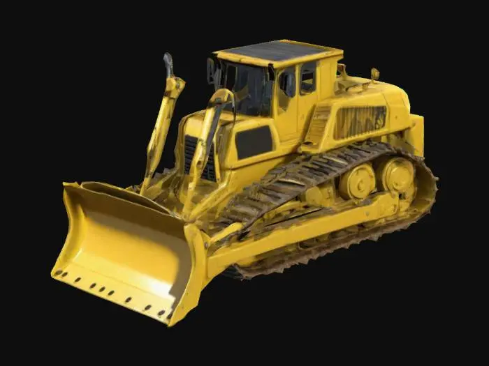 3D model for Generate a 3D model of a yellow bulldozer featuring a large front blade and caterpillar tracks, designed and optimized for use in real-time strategy games, complete with PBR textures

