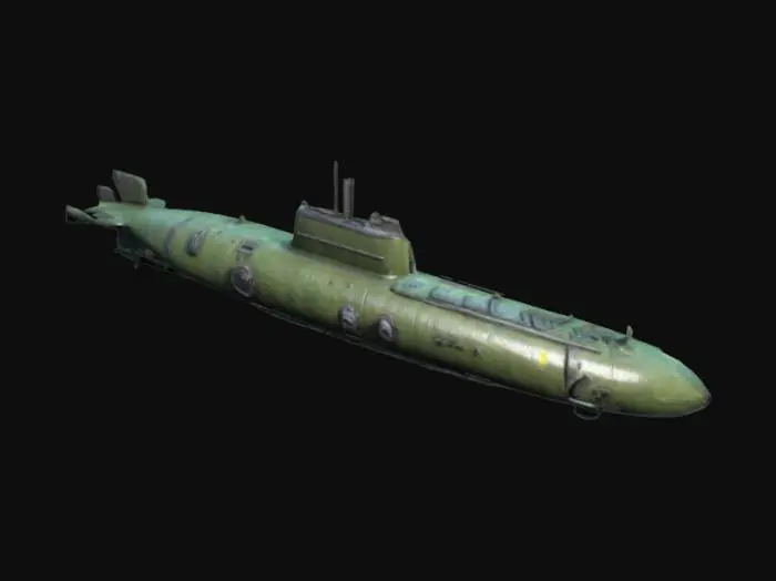 3D model for Generate a 3D model of a World War II-era submarine with torpedo tubes and a sleek, stealthy design. The model should be optimized for underwater combat scenarios in a game, complete with PBR textures
flawless design