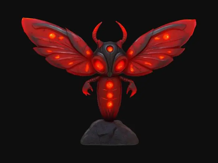 3D model for A cartoon emblem of an ankh, 0.5m tall, jagged black coal crystal with pulsing red glow spots, surreal scarab wings, vibrant Palworld style. 4K hand-painted PBR textures, quad mesh, game-ready for Unity. Ash sparks drift above. #emblem# No realistic textures, blurry details, low-poly, or rigging errors