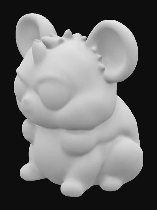 3D model for Create a small mammalian companion creature with a round body, short limbs, and a plush tail. Its fur should appear soft and fluffy, with large round eyes and small ears to enhance its cuteness. Add subtle color patterns on its body and keep the design error-free, symmetrical, and optimized for Unity rigging
