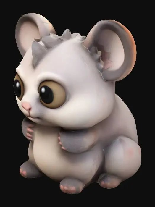 3D model for Create a small mammalian companion creature with a round body, short limbs, and a plush tail. Its fur should appear soft and fluffy, with large round eyes and small ears to enhance its cuteness. Add subtle color patterns on its body and keep the design error-free, symmetrical, and optimized for Unity rigging