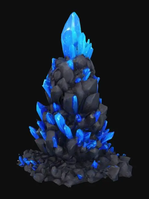 3D model for A cartoon coal ore for Unity, 2m tall, clustered black crystals with radiant blue sparkles. Vibrant Palworld style, 4K hand-painted PBR textures, quad mesh, game-ready. Small crystal shards hover around. No realistic textures, blurry details, or low-poly