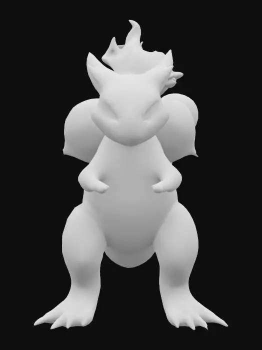 3D model for A powerful fusion between a Bulbasaur and Charmander pokemon. Humanoid, red and silver colors, highly detailed, fantasy/anime style, polished